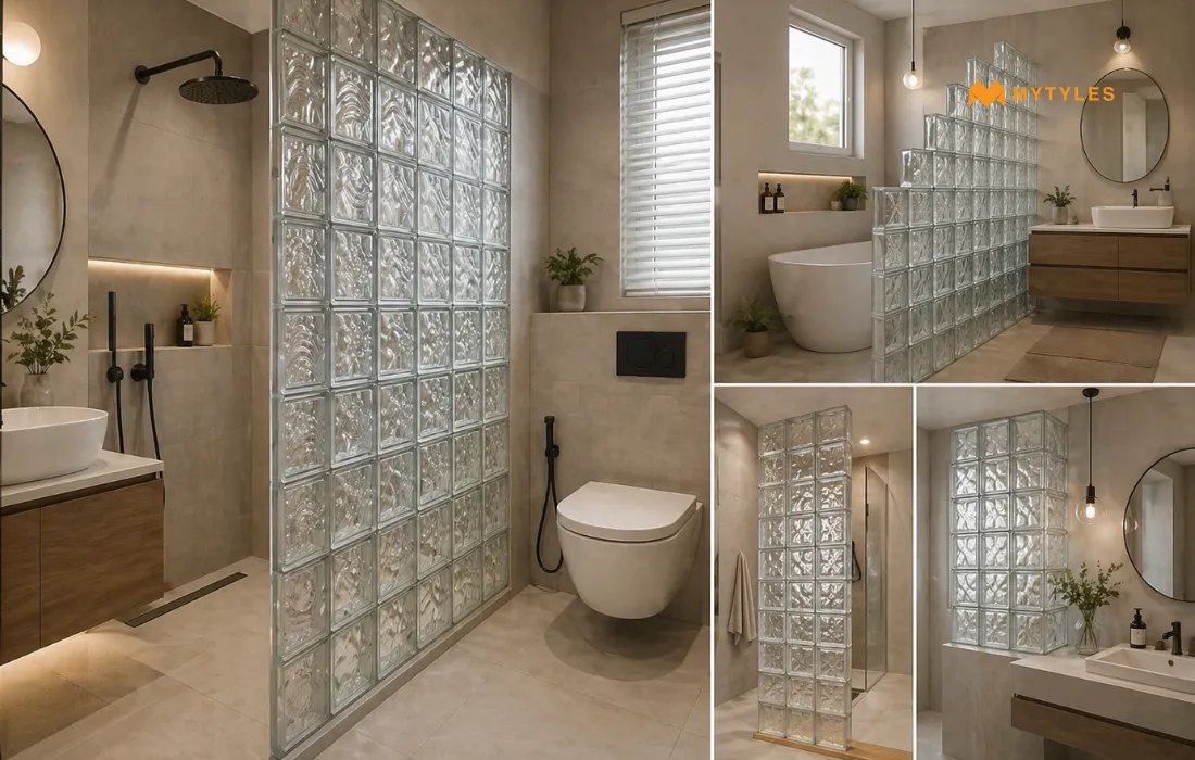 Glass block partition in bathroom